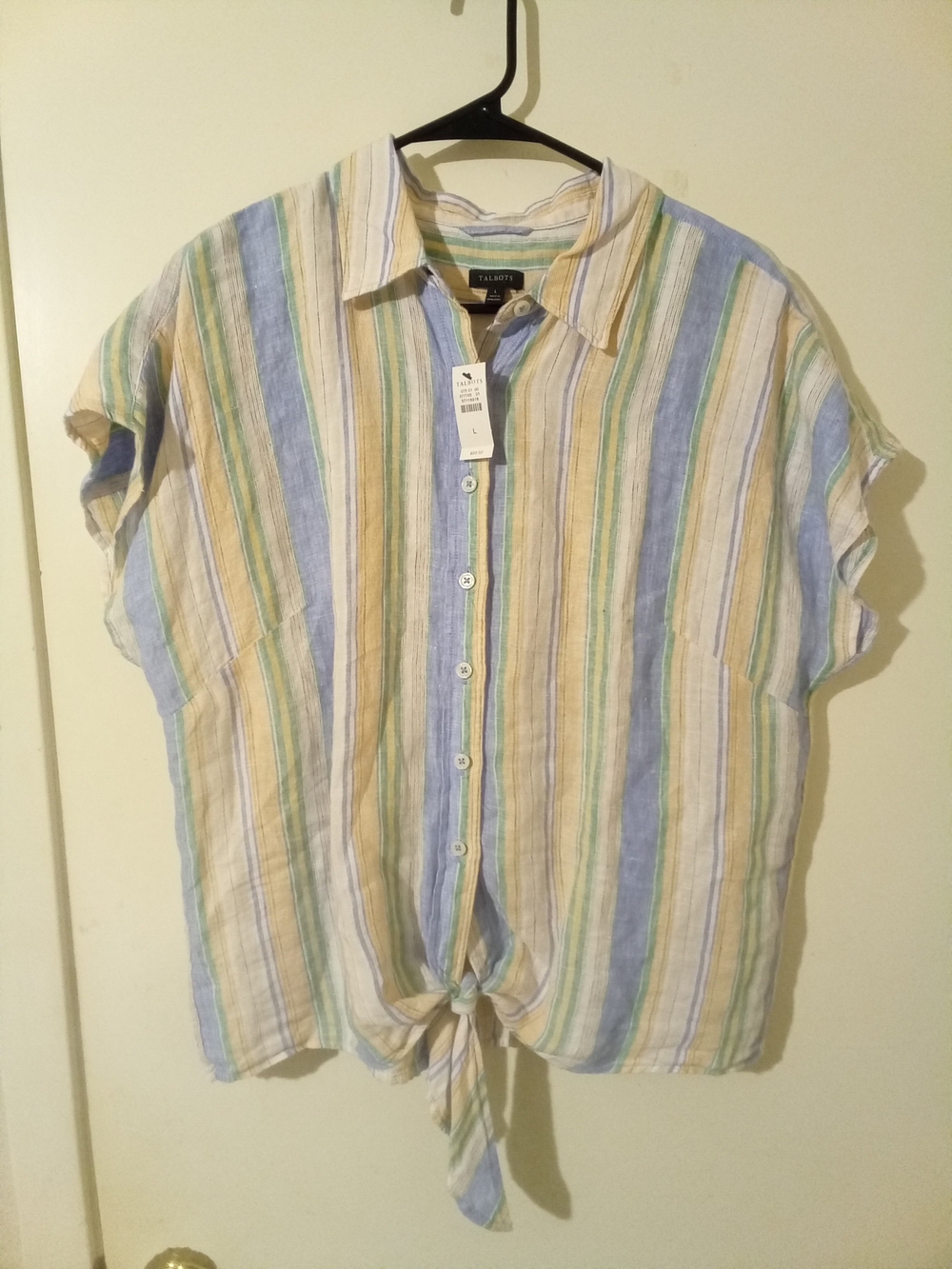 Talbots Multicolor Striped Tie-Front Button-Down Linen Shirt Large